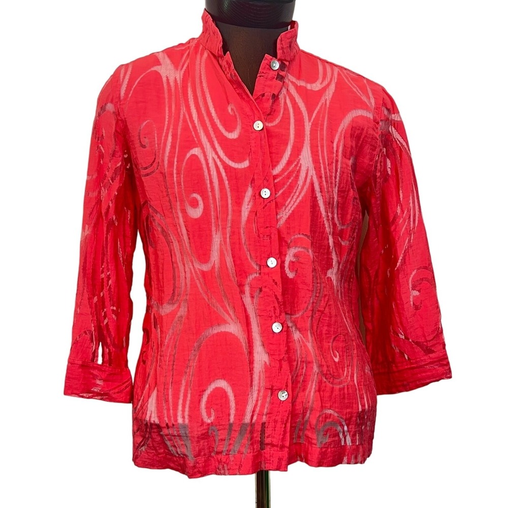 Chicos Womens Blouse Button Down Sheer Swirl Burnout‎ Red Coral Shirt Size 1